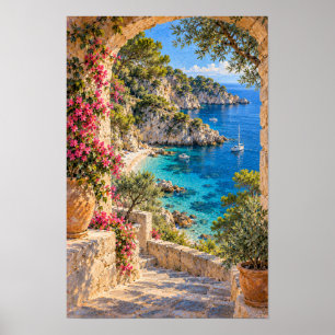 Mediterranean Stone Terrace Overlooking Turquoise Poster