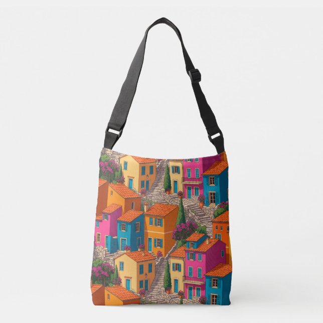 Mediterranean Streets — Colorful Houses Pattern Crossbody Bag (Front)