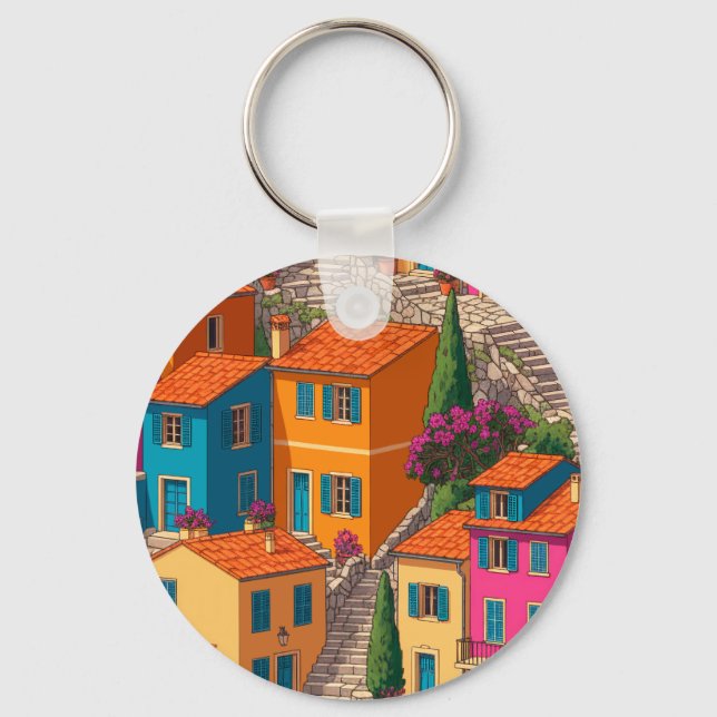 Mediterranean Streets — Colorful Houses Pattern Keychain (Front)