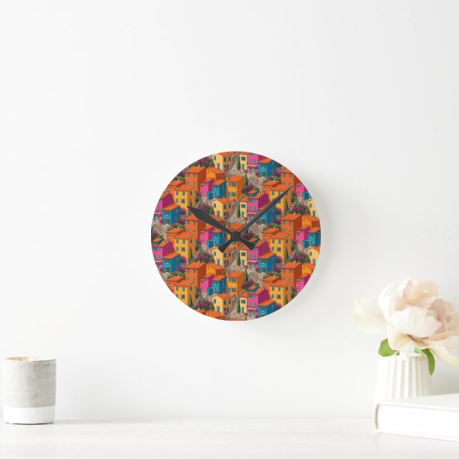 Mediterranean Streets — Colorful Houses Pattern Round Clock (Home)