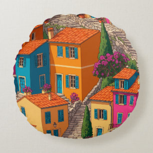 Mediterranean Streets — Colorful Houses Pattern Round Pillow