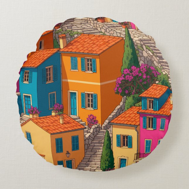 Mediterranean Streets — Colorful Houses Pattern Round Pillow (Front)