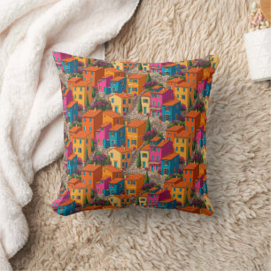 Mediterranean Streets — Colorful Houses Pattern Throw Pillow
