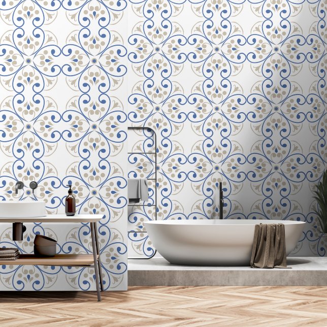 Mediterranean style blue floral wallpaper  (Bathroom)