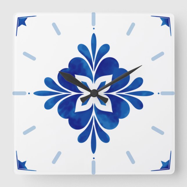 Mediterranean Style Floral  Square Wall Clock (Front)