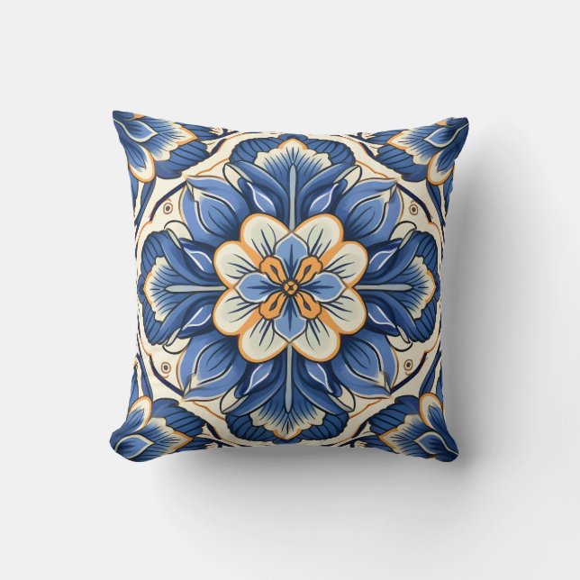 Mediterranean Style Floral Tile Pattern  Throw Pillow (Front)