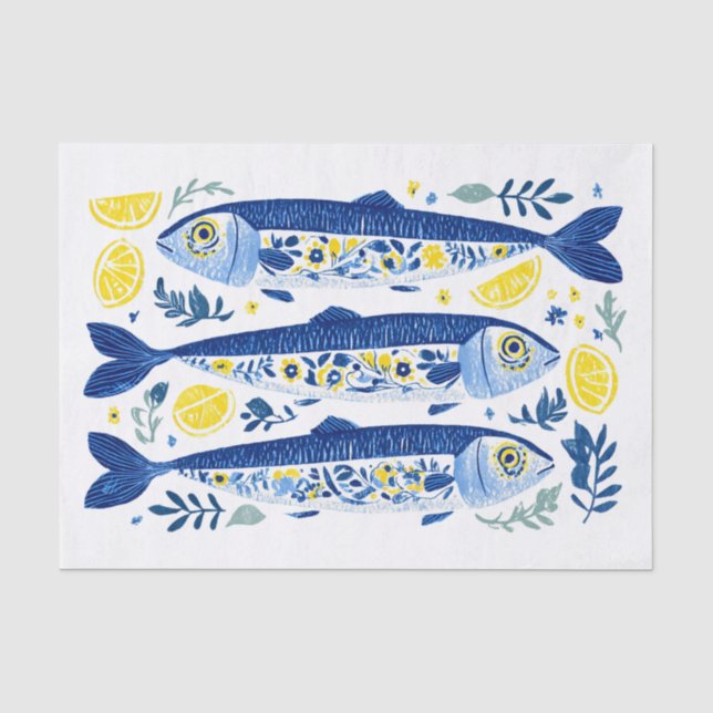 Mediterranean Summer Blue and Yellow Sardines Tissue Paper (Front)