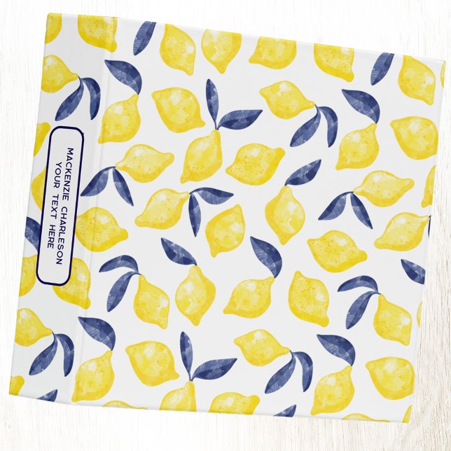 Mediterranean Summer Citrus Lemon Watercolor Binder (Mediterranean summer citrus lemon blue white yellowpattern personalized custom name text ring binder)