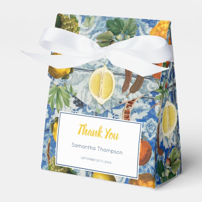 Mediterranean Summer Fruit Blue Mosaic Baby Shower Favor Box (Front Side)
