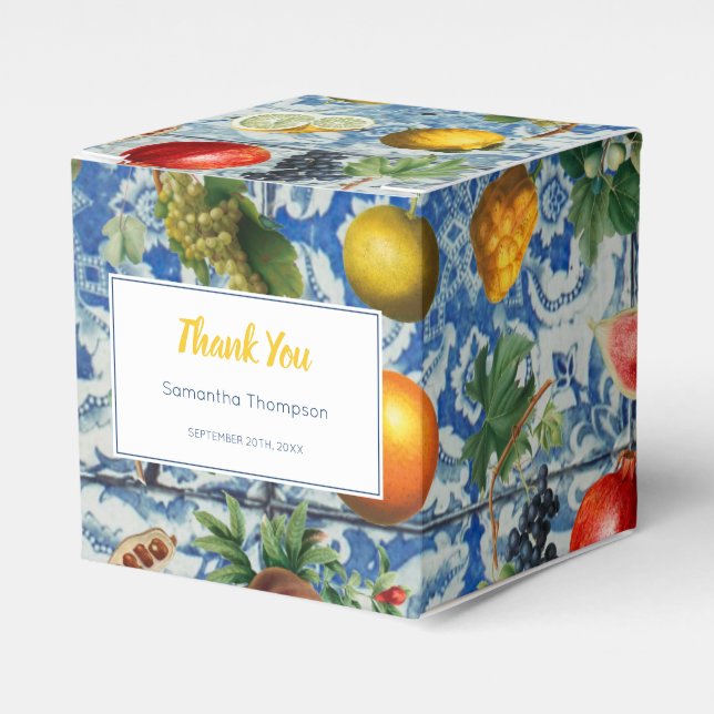 Mediterranean Summer Fruit Blue Mosaic Wedding Favor Box (Front Side)