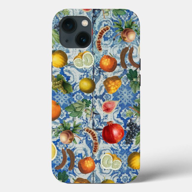 Mediterranean Summer Fruit & Blue White Mosaic Case-Mate iPhone Case (Back)