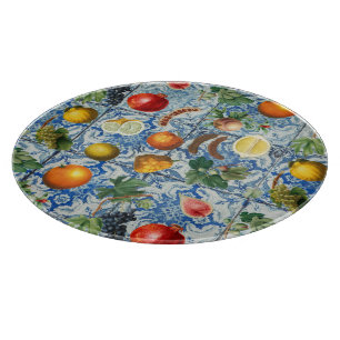 Mediterranean Summer Fruit & Blue White Mosaic Cutting Board