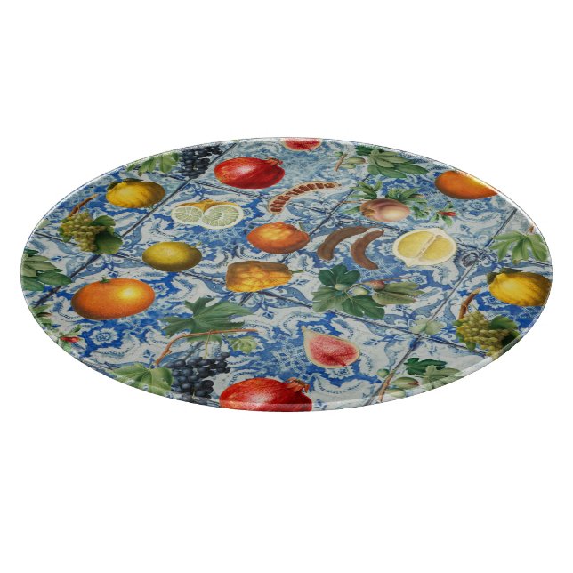Mediterranean Summer Fruit & Blue White Mosaic Cutting Board (Corner)
