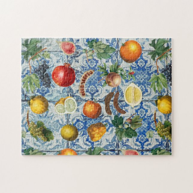 Mediterranean Summer Fruit & Blue White Mosaic  Jigsaw Puzzle (Horizontal)