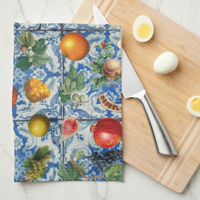 Mediterranean Summer Fruit & Blue White Mosaic Kitchen Towel (Quarter Fold)
