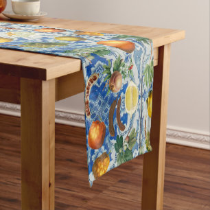 Mediterranean Summer Fruit & Blue White Mosaic Short Table Runner
