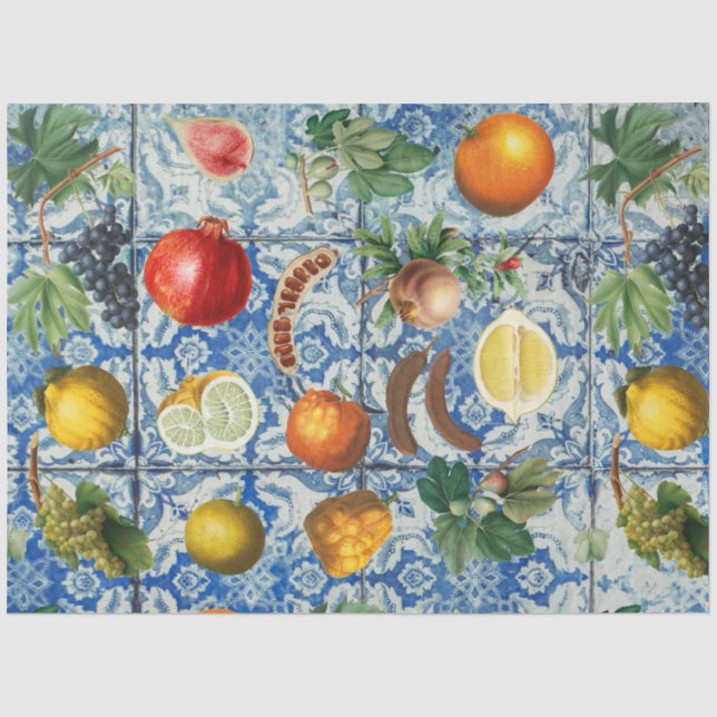 Mediterranean Summer Fruit & Blue White Mosaic Tissue Paper (Front)