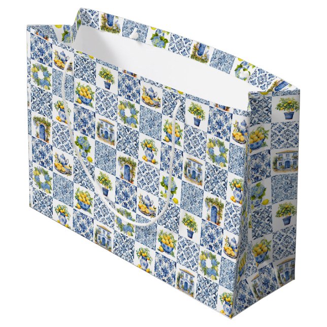 Mediterranean Summer Lemon Pattern  Large Gift Bag (Back Angled)