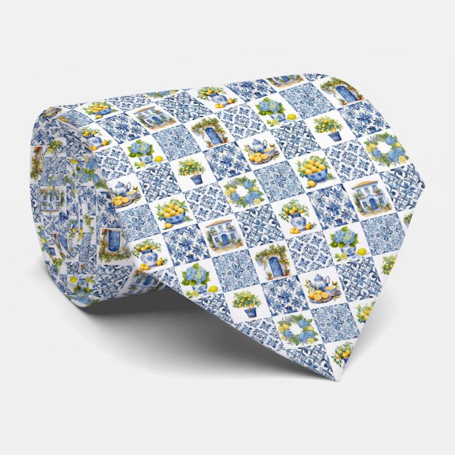 Mediterranean Summer Lemon Pattern  Tie (Rolled)