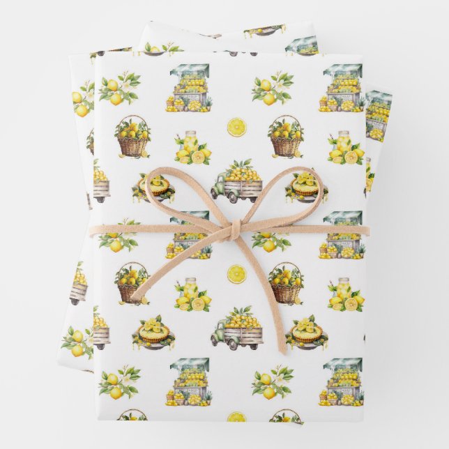 Mediterranean Summer Lemon Pattern  Wrapping Paper Sheet (In situ)