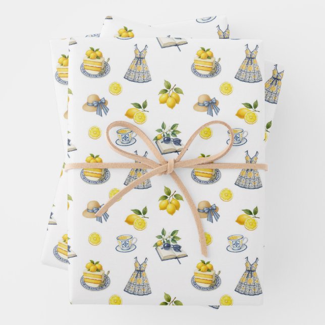 Mediterranean Summer Lemon Pattern  Wrapping Paper Sheet (In situ)