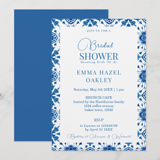 Mediterranean summer modern blue Bridal Shower Invitation (Front/Back)
