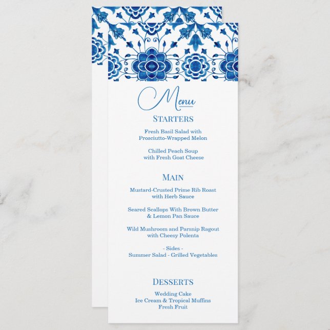 Mediterranean summer modern blue mosaic Wedding Menu (Front/Back)
