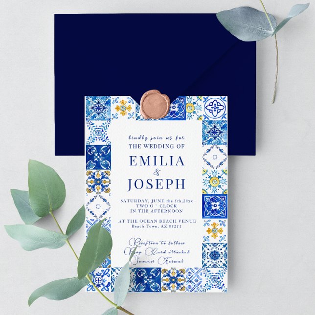 Mediterranean summer modern bright blue Wedding Invitation (Creator Uploaded)