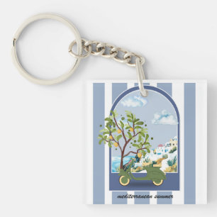 Mediterranean Summer Scooter Coastal Travel Poster Keychain