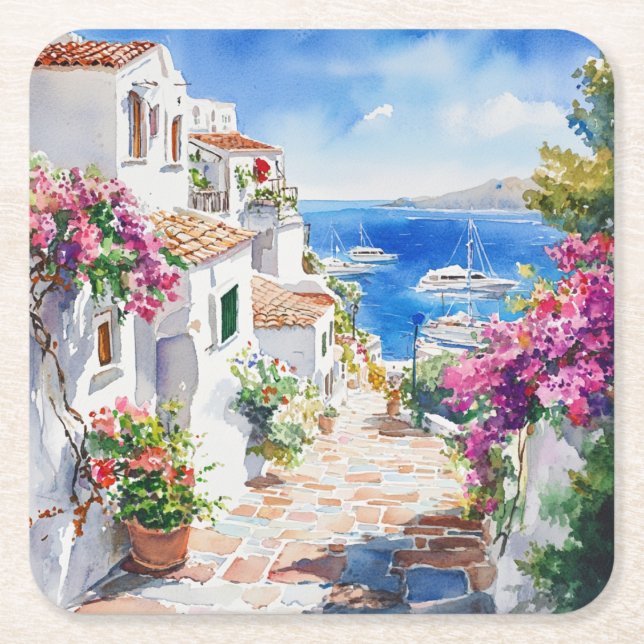 Mediterranean Summer Square Paper Coaster (Front)