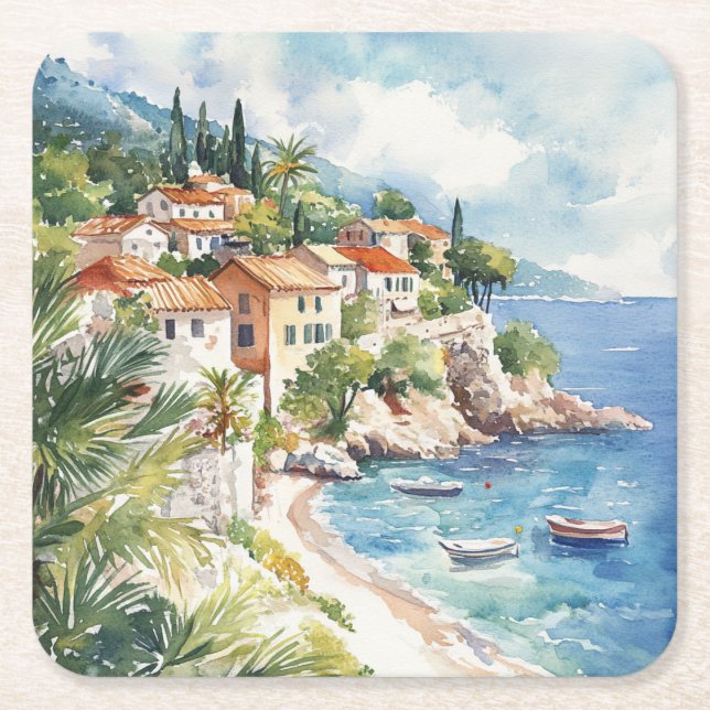 Mediterranean Summer Square Paper Coaster (Front)