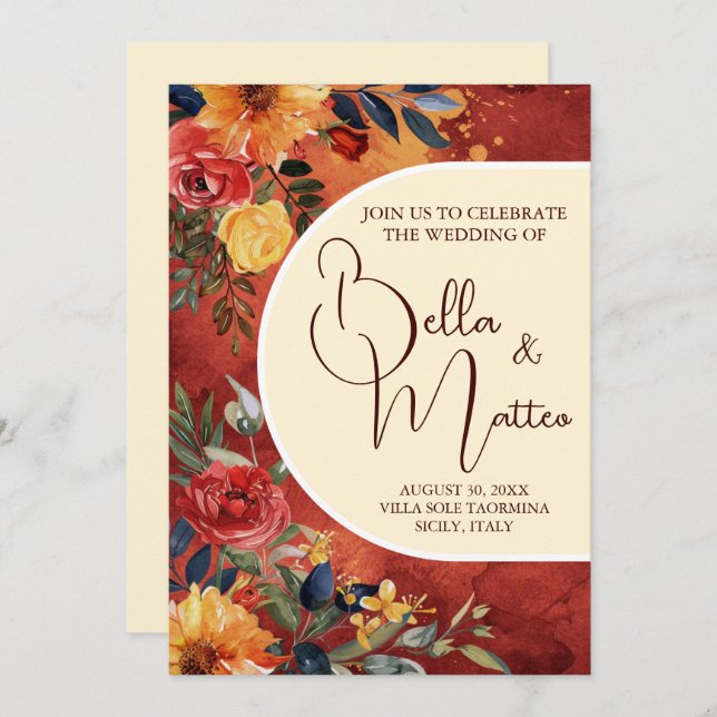 Mediterranean Sun Boho Terracotta Floral Wedding Invitation (Front/Back)