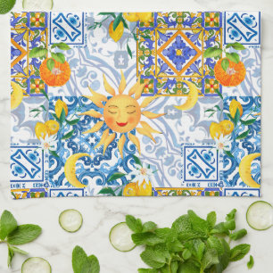 Mediterranean sun,flowers,lemon,half moon, kitchen towel