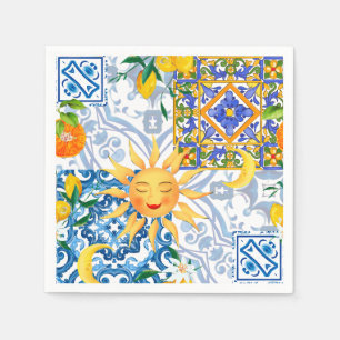 Mediterranean sun,flowers,lemon,half moon, napkin