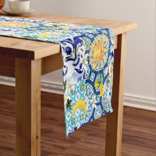 Mediterranean sun,flowers,lemon,half moon, short table runner