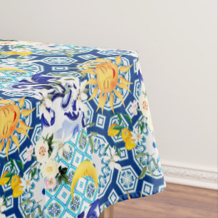 Mediterranean sun,flowers,lemon,half moon, tablecloth
