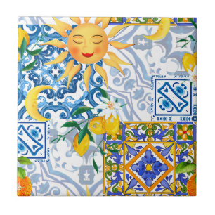 Mediterranean sun,flowers,lemon,half moon, tile