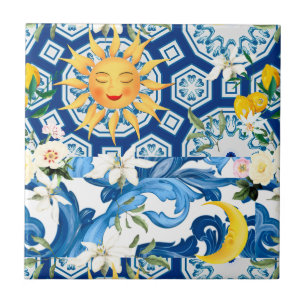 Mediterranean sun,flowers,lemon ,half moon, tile