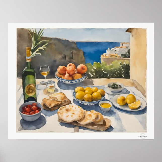 Mediterranean Table Feast Canvas, Coastal Dining Poster (Front)
