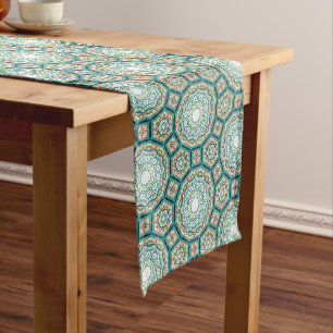 Mediterranean Teal Tile Pattern Medium Table Runner
