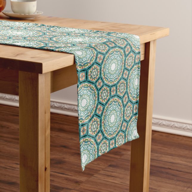 Mediterranean Teal Tile Pattern Medium Table Runner (In Situ)