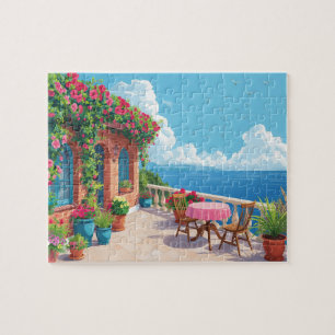 Mediterranean Terrace Ocean View Coastal Art Jigsaw Puzzle
