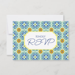 Mediterranean Tile Blue and Yellow Wedding RSVP Card