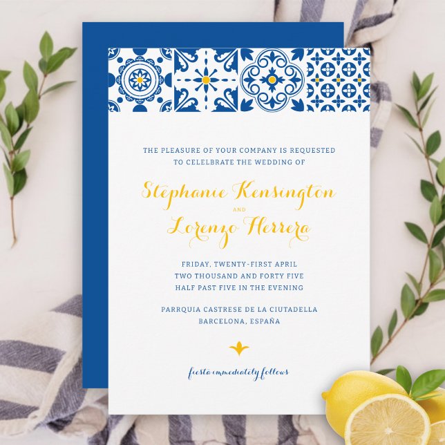 Mediterranean Tile Blue Yellow Wedding Invitation (Creator Uploaded)