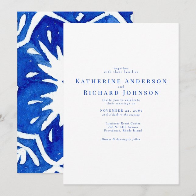  Mediterranean Tile Cobalt Blue & White Wedding Invitation (Front/Back)