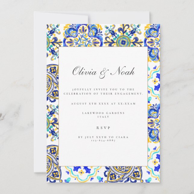 Mediterranean Tile Engagement Party Invitation (Front)
