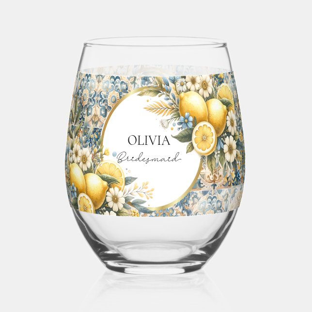 Mediterranean Tile flower Italian Positano Lemon Stemless Wine Glass (Back)