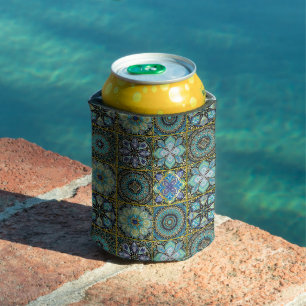 Mediterranean Tile In Blue Green Personalize Text Can Cooler