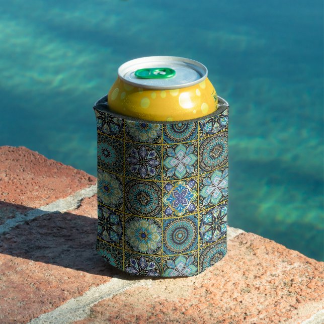 Mediterranean Tile In Blue Green Personalize Text Can Cooler (In Situ Pool)