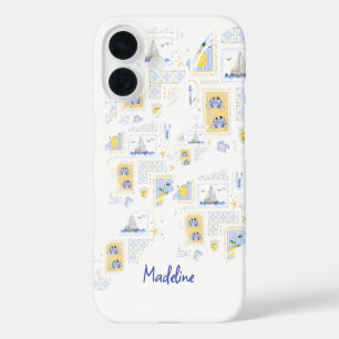 Mediterranean Tile Lemon Coastal Monogram Name iPhone 16 Case